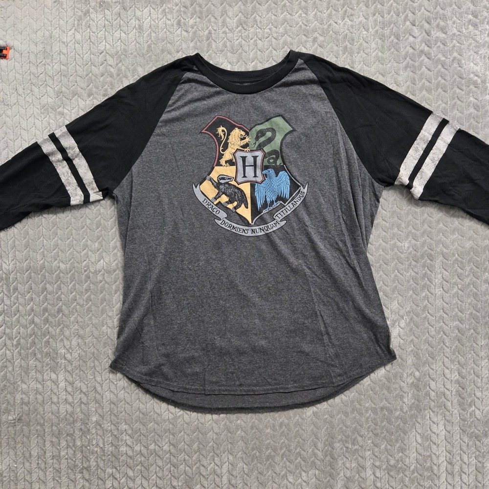Harry Potter Hogwarts Crest Raglan T-Shirt Gray Black XL Extra Large Top‎